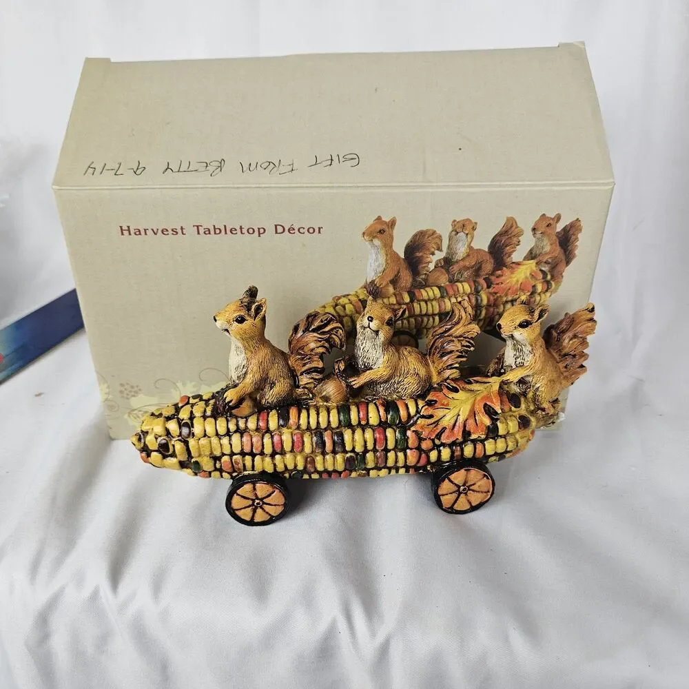 Squirrels Riding Corn Cob Fall Harvest Figurine Autumn Thanksgiving Decor 7”
